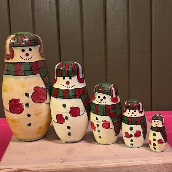 Vintage Snowman Nesting Dolls Hand Painted Terry’s Village 5 Figures - Picture 1 of 8